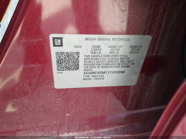 Продаж на аукціоні авто 2018 Chevrolet Cruze Lt Auto, vin: 1G1BE5SM7J7201998, номер лоту: 45652180