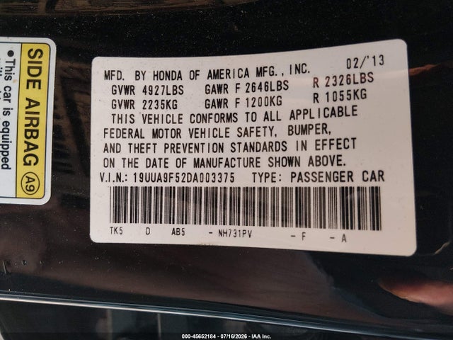 45652184 :رقم المزاد ، 19UUA9F52DA003375 vin ، 2013 Acura Tl 3.7 مزاد بيع