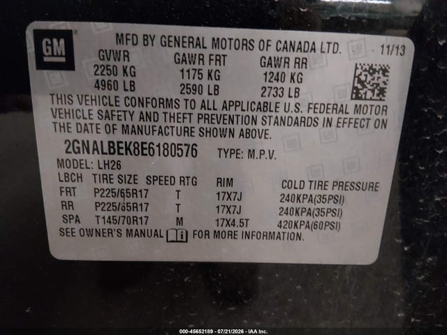 45652189 :رقم المزاد ، 2GNALBEK8E6180576 vin ، 2014 Chevrolet Equinox 1lt مزاد بيع