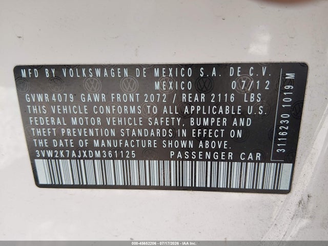 2013 Volkswagen Jetta 2.0l S მანქანა იყიდება აუქციონზე, vin: 3VW2K7AJXDM361125, აუქციონის ნომერი: 45652206