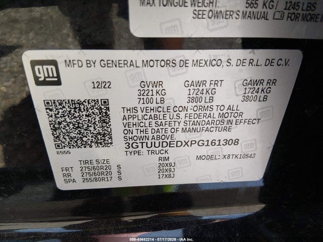 2023 Gmc Sierra 1500 4wd  Short Box Slt მანქანა იყიდება აუქციონზე, vin: 3GTUUDEDXPG161308, აუქციონის ნომერი: 45652214