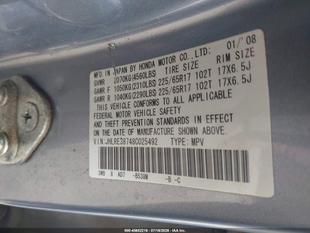 45652216 :رقم المزاد ، JHLRE38748C025492 vin ، 2008 Honda Cr-v Ex-l مزاد بيع