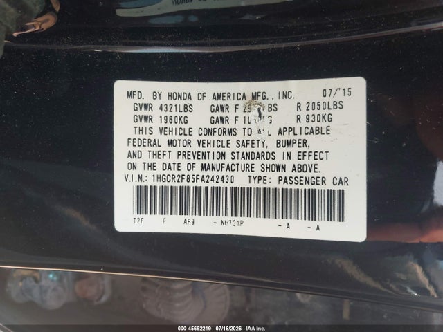 Продажа на аукционе авто 2015 Honda Accord Ex-l, vin: 1HGCR2F85FA242430, номер лота: 45652219