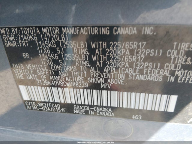 2012 Toyota Rav4 Base V6 მანქანა იყიდება აუქციონზე, vin: 2T3BK4DV8CW088229, აუქციონის ნომერი: 45652224