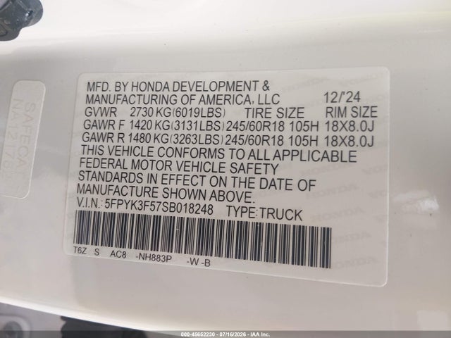 45652230 :رقم المزاد ، 5FPYK3F57SB018248 vin ، 2025 Honda Ridgeline Rtl مزاد بيع