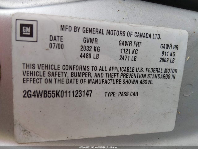 Aukcja sprzedaży 2001 Buick Regal Ls, vin: 2G4WB55K011123147, numer aukcji: 45652242