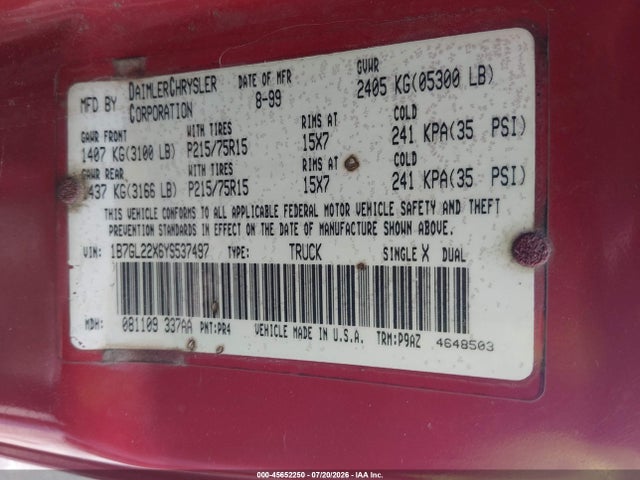 2000 Dodge Dakota Slt/sport მანქანა იყიდება აუქციონზე, vin: 1B7GL22X6YS537497, აუქციონის ნომერი: 45652250