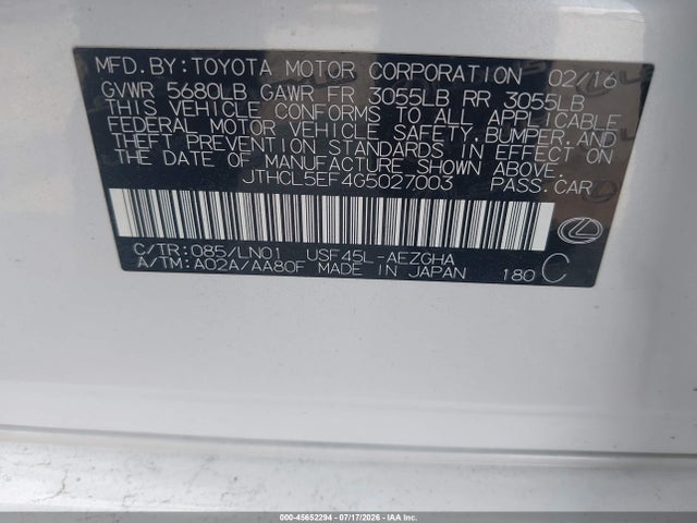 Aukcja sprzedaży 2016 Lexus Ls 460, vin: JTHCL5EF4G5027003, numer aukcji: 45652294