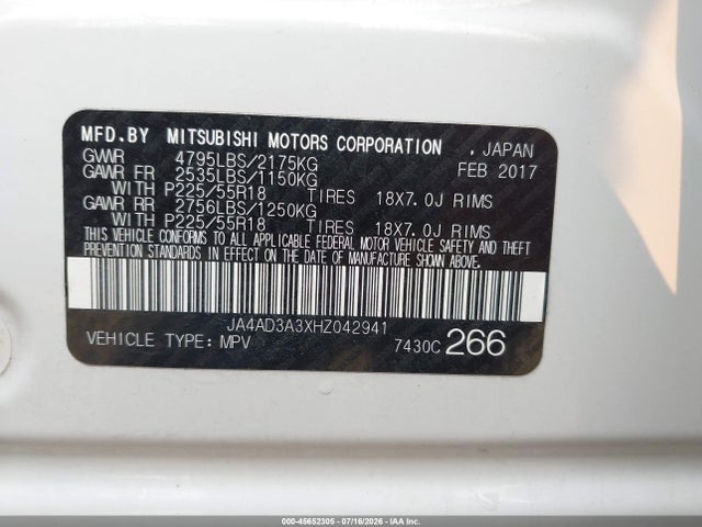Продаж на аукціоні авто 2017 Mitsubishi Outlander Se/sel, vin: JA4AD3A3XHZ042941, номер лоту: 45652305