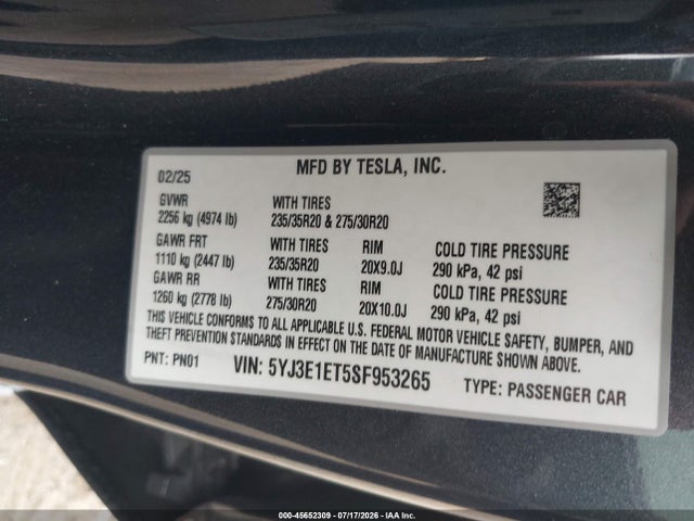 Tesla Model 3 Performance All-wheel Drive 2025 5YJ3E1ET5SF953265 Image 9