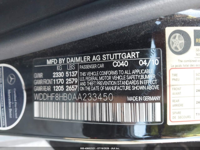 Продаж на аукціоні авто 2010 Mercedes-benz E 350 4matic, vin: WDDHF8HB0AA233450, номер лоту: 45652321
