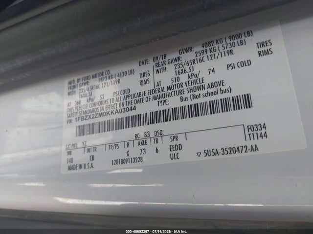 1FBZX2ZM0KKA03044 Ford Transit-350 Xl