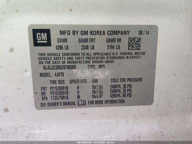 45652380 :رقم المزاد ، KL4CJCSB5EB786006 vin ، 2014 Buick Encore Leather مزاد بيع