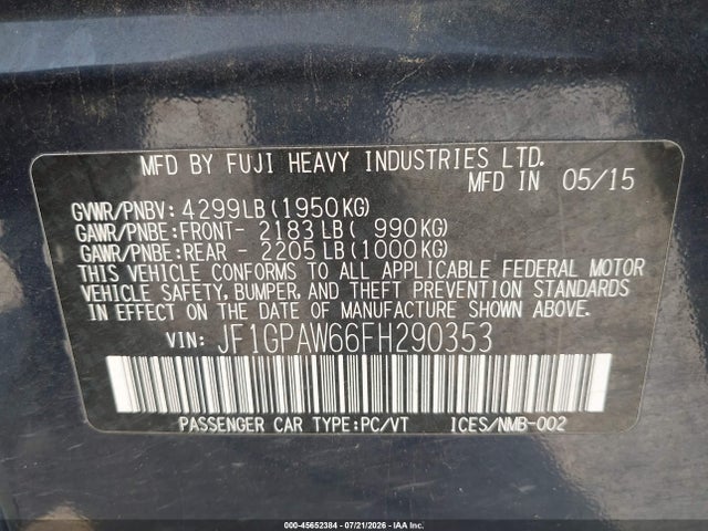 Aukcja sprzedaży 2015 Subaru Impreza 2.0i Sport Limited, vin: JF1GPAW66FH290353, numer aukcji: 45652384