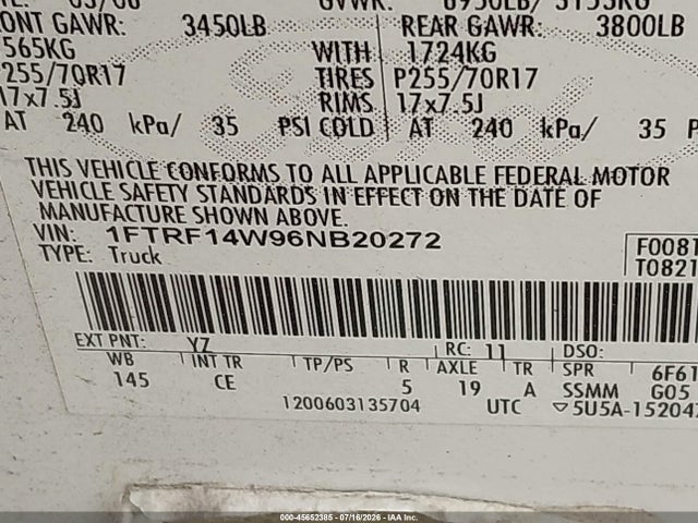 Продажа на аукционе авто 2006 Ford F-150 Stx/xl/xlt, vin: 1FTRF14W96NB20272, номер лота: 45652385