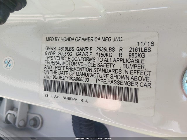 Продаж на аукціоні авто 2019 Acura Tlx Tech Pkg, vin: 19UUB2F43KA008593, номер лоту: 45652391