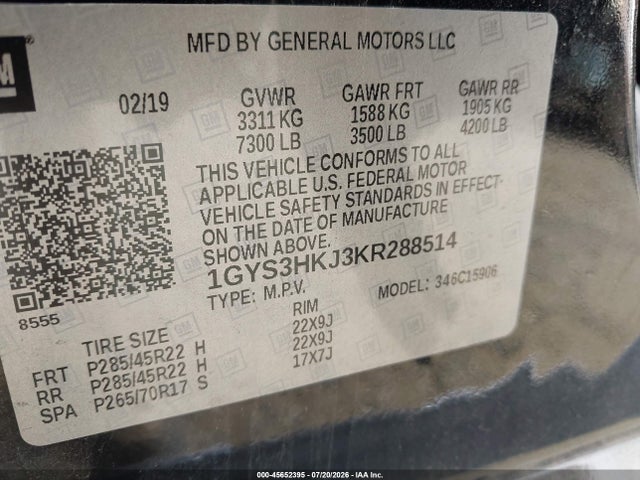 2019 Cadillac Escalade Esv Luxury მანქანა იყიდება აუქციონზე, vin: 1GYS3HKJ3KR288514, აუქციონის ნომერი: 45652395