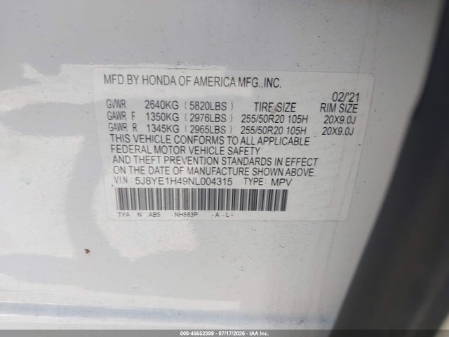 2022 Acura Mdx Technology Package მანქანა იყიდება აუქციონზე, vin: 5J8YE1H49NL004315, აუქციონის ნომერი: 45652399