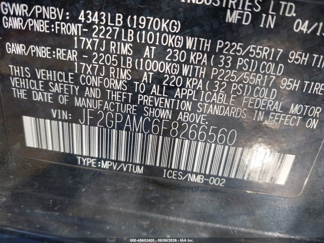2015 Subaru Xv Crosstrek 2.0i Limited მანქანა იყიდება აუქციონზე, vin: JF2GPAMC6F8266560, აუქციონის ნომერი: 45652400