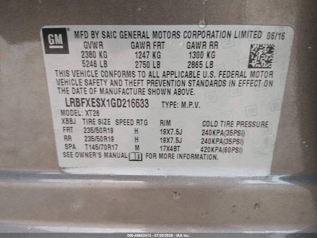 45652413 :رقم المزاد ، LRBFXESX1GD216633 vin ، 2016 Buick Envision Premium I مزاد بيع