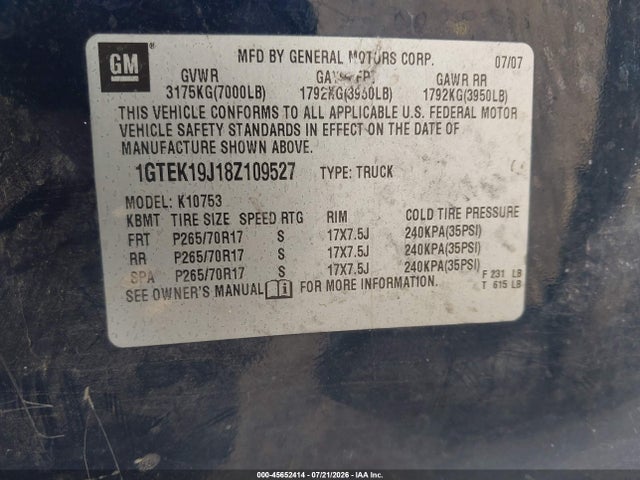 Aukcja sprzedaży 2008 Gmc Sierra 1500 Sle1, vin: 1GTEK19J18Z109527, numer aukcji: 45652414
