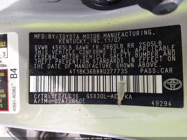 2008 Toyota Avalon Limited მანქანა იყიდება აუქციონზე, vin: 4T1BK36B88U277735, აუქციონის ნომერი: 45652416