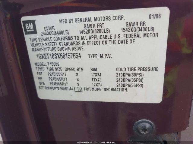 Aukcja sprzedaży 2006 Gmc Envoy Xl Slt, vin: 1GKET16SX66157654, numer aukcji: 45652427