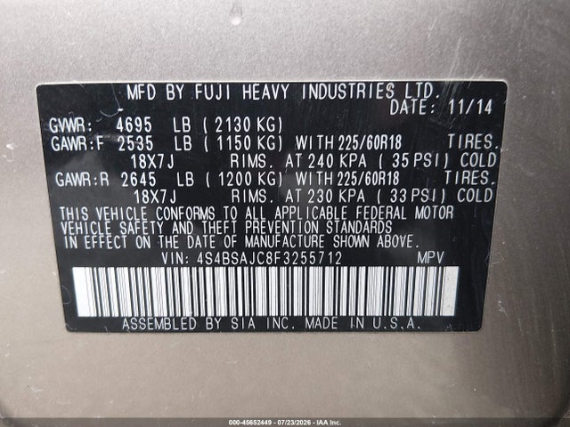 Subaru Outback 2.5i Limited 2015 4S4BSAJC8F3255712 Image 9