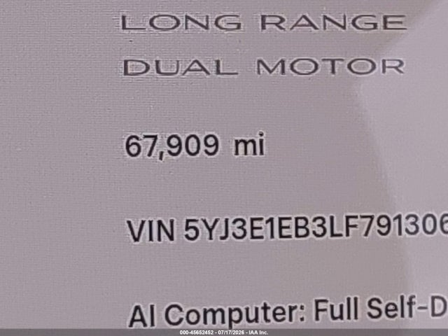 45652452 :رقم المزاد ، 5YJ3E1EB3LF791306 vin ، 2020 Tesla Model 3 Long Range Dual Motor All-wheel Drive مزاد بيع