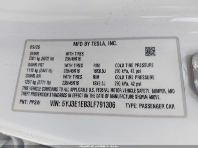 45652452 :رقم المزاد ، 5YJ3E1EB3LF791306 vin ، 2020 Tesla Model 3 Long Range Dual Motor All-wheel Drive مزاد بيع
