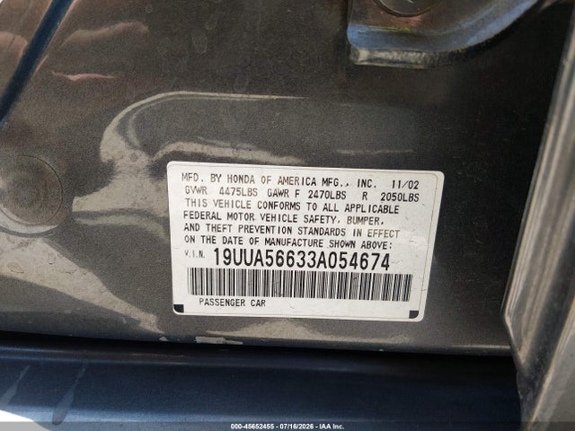 45652455 :رقم المزاد ، 19UUA56633A054674 vin ، 2003 Acura Tl 3.2 مزاد بيع