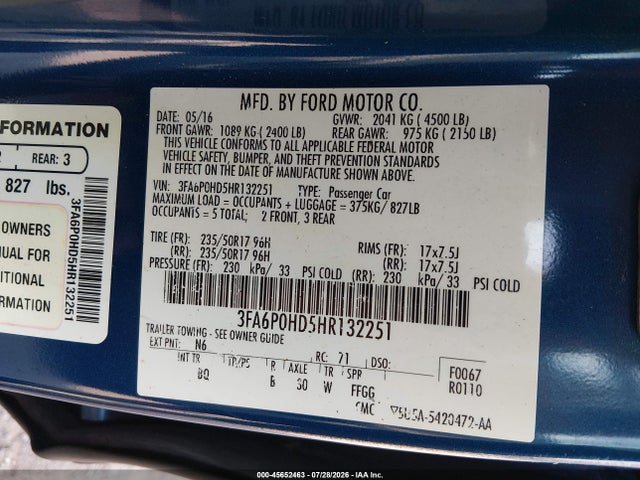Aukcja sprzedaży 2017 Ford Fusion Se, vin: 3FA6P0HD5HR132251, numer aukcji: 45652463