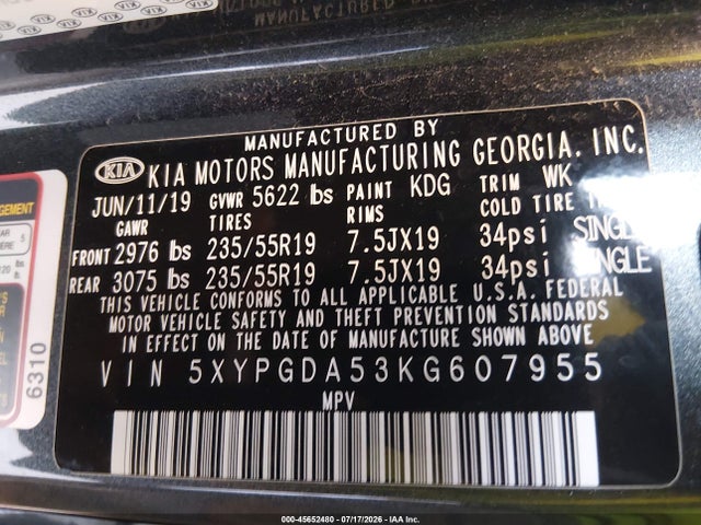 2019 Kia Sorento 3.3l S მანქანა იყიდება აუქციონზე, vin: 5XYPGDA53KG607955, აუქციონის ნომერი: 45652480