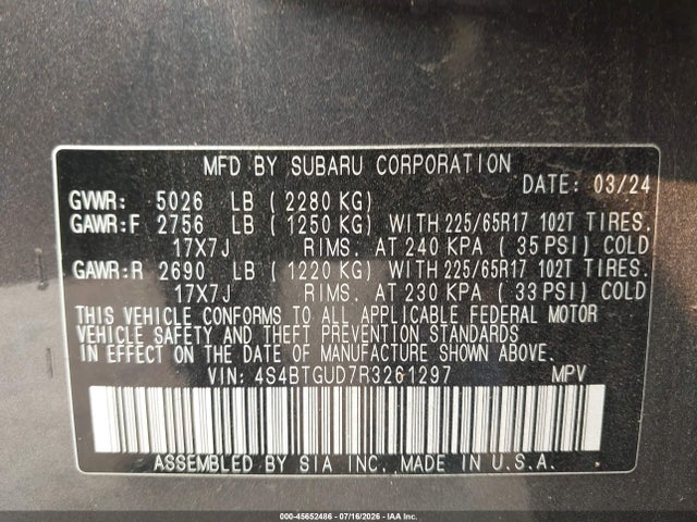Aukcja sprzedaży 2024 Subaru Outback Wilderness, vin: 4S4BTGUD7R3261297, numer aukcji: 45652486