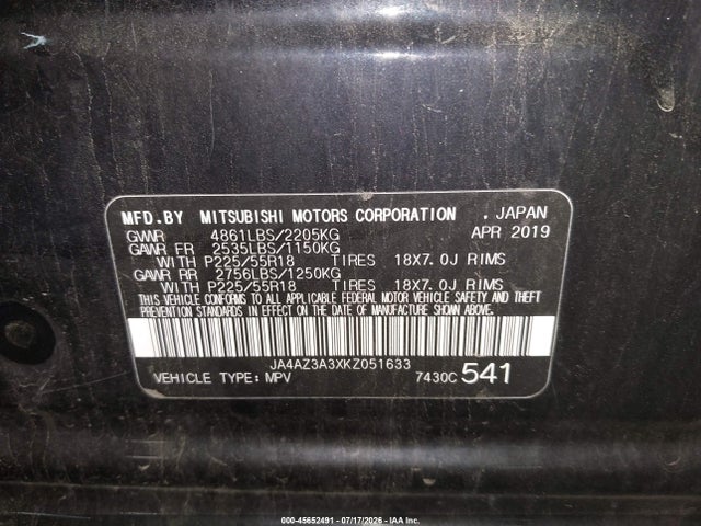 Aukcja sprzedaży 2019 Mitsubishi Outlander Se, vin: JA4AZ3A3XKZ051633, numer aukcji: 45652491