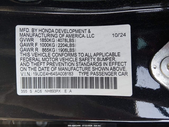 2025 Acura Integra A-spec Technology მანქანა იყიდება აუქციონზე, vin: 19UDE4H64SA008183, აუქციონის ნომერი: 45652498