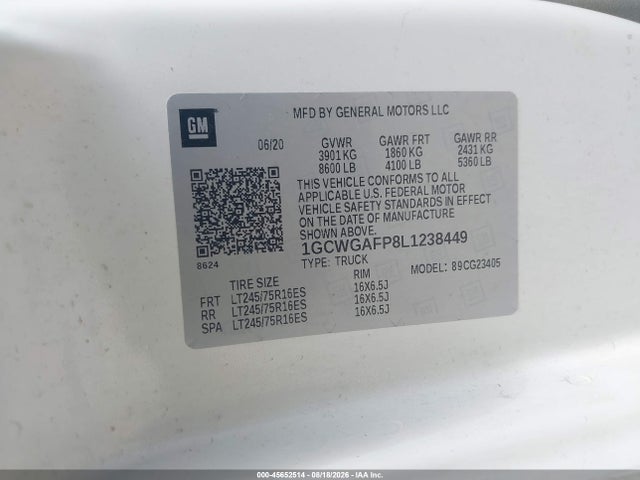 Aukcja sprzedaży 2020 Chevrolet Express Cargo Rwd 2500 Regular Wheelbase Wt, vin: 1GCWGAFP8L1238449, numer aukcji: 45652514