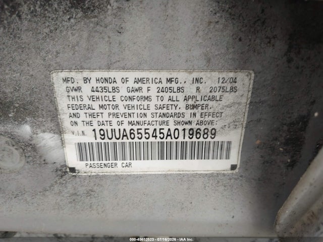Aukcja sprzedaży 2005 Acura Tl, vin: 19UUA65545A019689, numer aukcji: 45652523