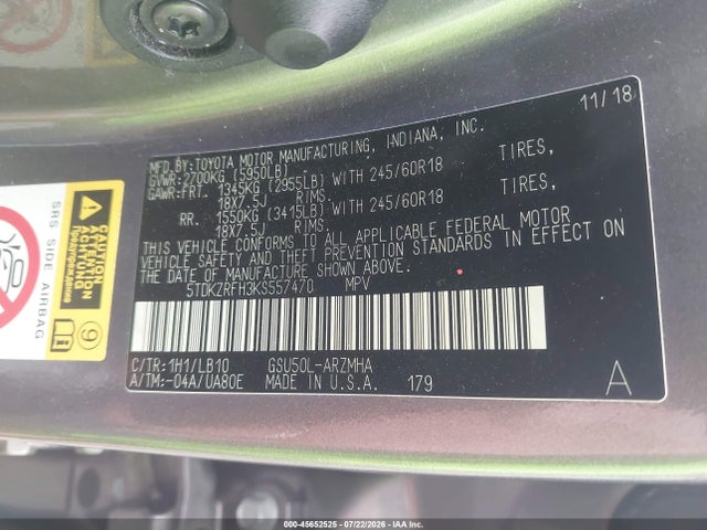 Toyota Highlander Xle 2019 5TDKZRFH3KS557470 Image 9
