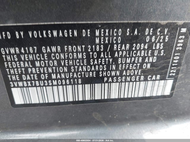45652554 :رقم المزاد ، 3VWBX7BU3SM096118 vin ، 2025 Volkswagen Jetta 1.5t Sport مزاد بيع