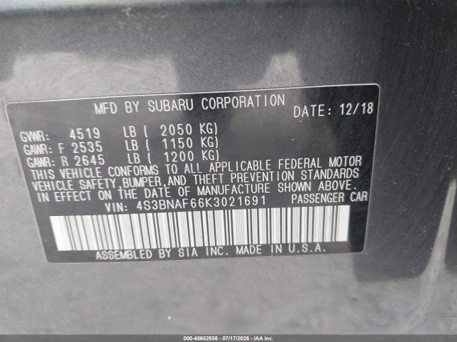 45652556 :رقم المزاد ، 4S3BNAF66K3021691 vin ، 2019 Subaru Legacy 2.5i Premium مزاد بيع