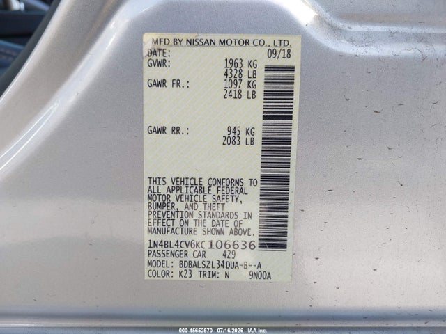 1N4BL4CV6KC106636 Nissan Altima 2.5 Sr