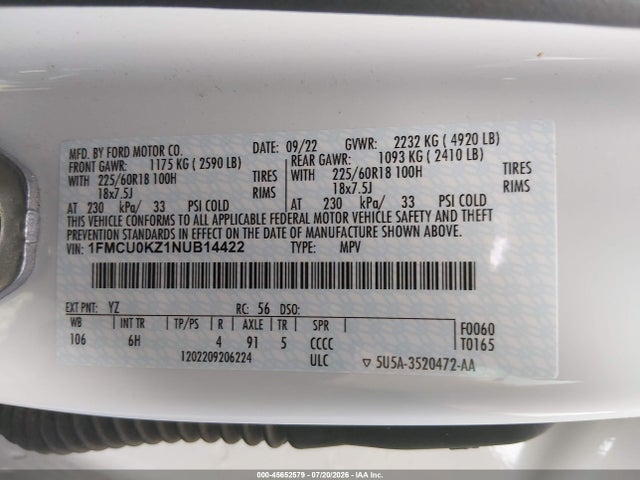 1FMCU0KZ1NUB14422 Ford Escape Sel Plug-in Hybrid