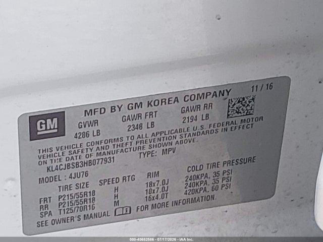 45652586 :رقم المزاد ، KL4CJBSB3HB077931 vin ، 2017 Buick Encore Preferred Ii مزاد بيع