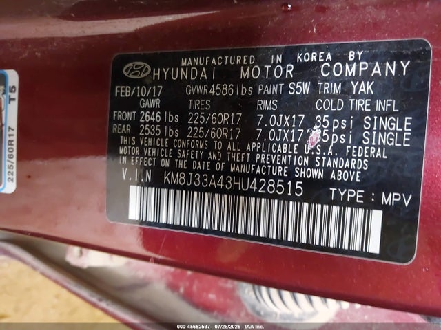 Продажа на аукционе авто 2017 Hyundai Tucson Se Plus, vin: KM8J33A43HU428515, номер лота: 45652597