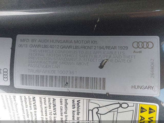 45652601 :رقم المزاد ، TRUBFAFK0E1002361 vin ، 2014 Audi Tt 2.0t مزاد بيع