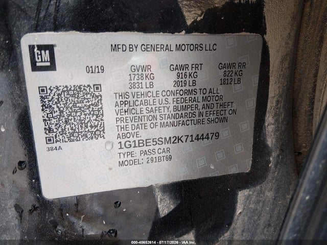 45652614 :رقم المزاد ، 1G1BE5SM2K7144479 vin ، 2019 Chevrolet Cruze Lt مزاد بيع