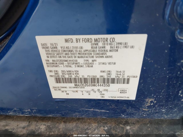 45652641 :رقم المزاد ، MAJ3S2GE0MC444350 vin ، 2021 Ford Ecosport Se مزاد بيع