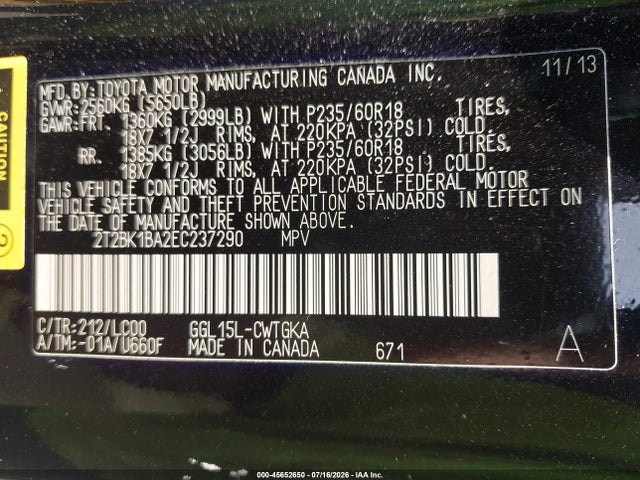 45652650 :رقم المزاد ، 2T2BK1BA2EC237290 vin ، 2014 Lexus Rx 350 مزاد بيع