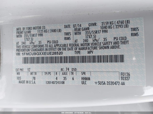 Ford ESCAPE SE 2014 1FMCU9GXXEUE28520 Image 9